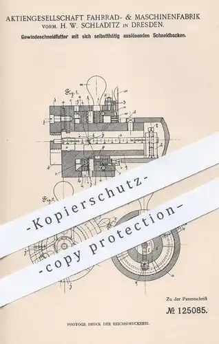 original Patent - AG Fahrrad- & Maschinenfabrik vorm. H. W. Schladitz , Dresden , 1900 , Gewindeschneidfutter | Gewinde