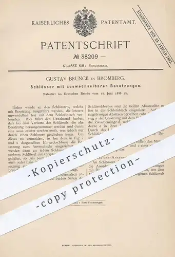 original Patent - Gustav Brunck , Bromberg 1886 , Schloss | Schlösser , Schlosser , Türschloss , Tür , Türen , Schlüssel