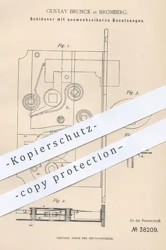original Patent - Gustav Brunck , Bromberg 1886 , Schloss | Schlösser , Schlosser , Türschloss , Tür , Türen , Schlüssel