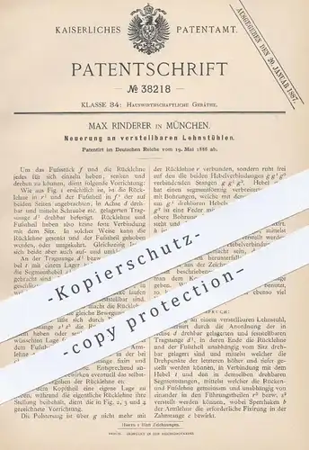 original Patent - Max Rinderer , München , 1886 , verstellbarer Lehnstuhl | Stuhl , Stühle , Sessel , Schaukelstuhl !!