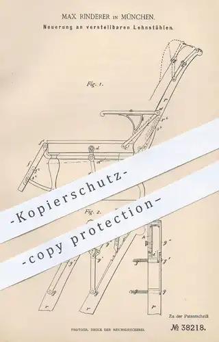 original Patent - Max Rinderer , München , 1886 , verstellbarer Lehnstuhl | Stuhl , Stühle , Sessel , Schaukelstuhl !!