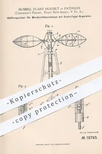 original Patent - Hubbell Duane Hurlbut , Paterson , Passiac , Jersey USA , 1893 , Windkraft - Zentrifugal - Regualator