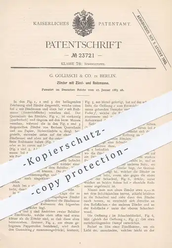 original Patent - G. Goliasch & Co. , Berlin , 1883 , Zünder mit Zünd- u. Reibmasse | Zündhölzer , Streichhölzer , Feuer