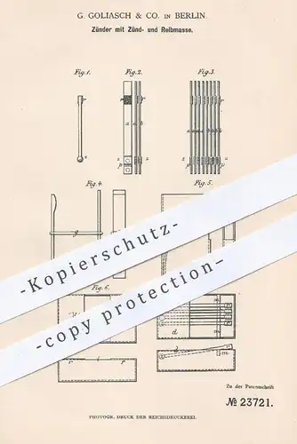 original Patent - G. Goliasch & Co. , Berlin , 1883 , Zünder mit Zünd- u. Reibmasse | Zündhölzer , Streichhölzer , Feuer