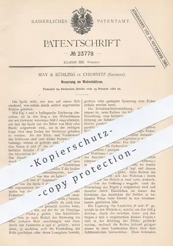 original Patent - May & Kühling , Chemnitz , 1882 , Webschütze | Webstuhl , Weben , Weber , Weberei , Gewebe , Stoff !!