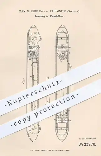 original Patent - May & Kühling , Chemnitz , 1882 , Webschütze | Webstuhl , Weben , Weber , Weberei , Gewebe , Stoff !!