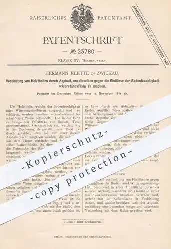 original Patent - Hermann Klette , Zwickau , 1882 , Verbindung von Holz durch Asphalt | Hochbau , Straßenbau !!