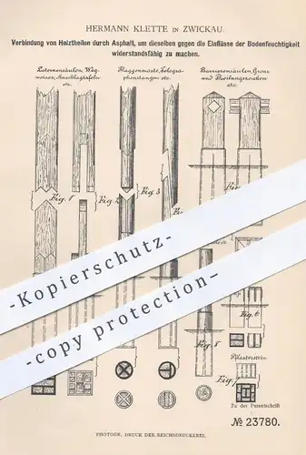 original Patent - Hermann Klette , Zwickau , 1882 , Verbindung von Holz durch Asphalt | Hochbau , Straßenbau !!