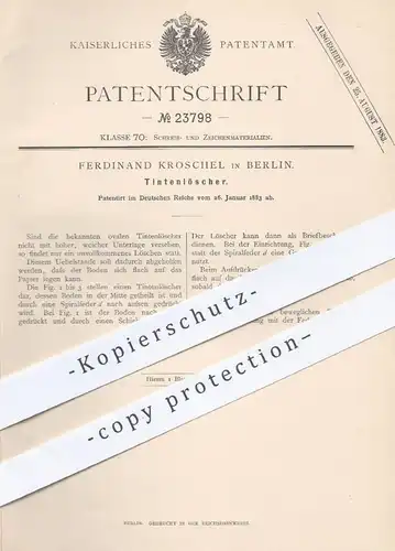 original Patent - Ferdinand Kroschel , Berlin , 1883 , Tintenlöscher | Tinte , Tintenfass , Löschpapier , Schreiben !!!