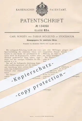 original Patent - Carl Nordén , Fabian Höglund , Stockholm , 1901 , Klemmgesperre f. elektrische Uhren | Uhrmacher , Uhr