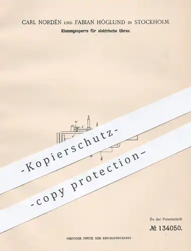 original Patent - Carl Nordén , Fabian Höglund , Stockholm , 1901 , Klemmgesperre f. elektrische Uhren | Uhrmacher , Uhr