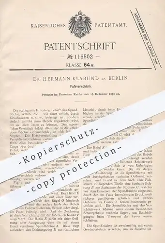 original Patent - Dr. Hermann Klabund , Berlin , 1898 , Fassverschluss | Verschluss für Fass , Gefäß , Bierfass !!!