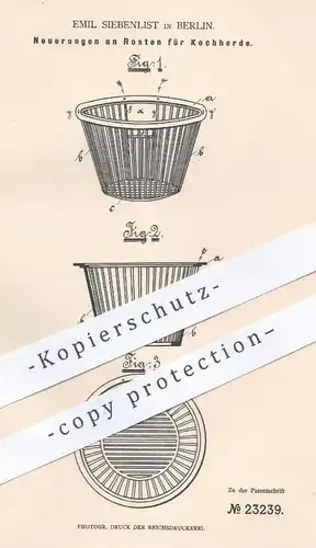 original Patent - Emil Siebenlist , Berlin  1883 , Rost für Kochherd | Kochofen , Herd , Backofen , Koch , Kochen , Ofen