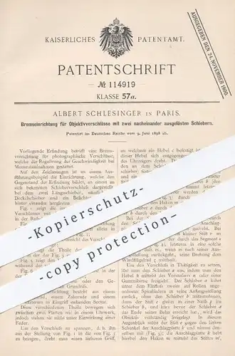 original Patent - Albert Schlesinger , Paris , 1898 , Bremse für Objektivverschluss | Kamera - Objektiv , Fotograf !!!