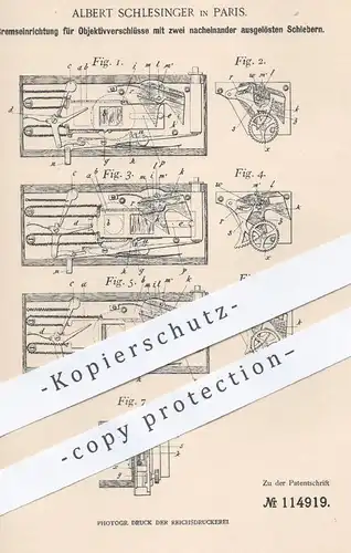 original Patent - Albert Schlesinger , Paris , 1898 , Bremse für Objektivverschluss | Kamera - Objektiv , Fotograf !!!