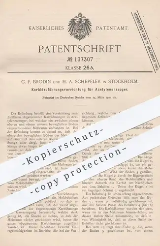 original Patent - C. F. Brodin , H. A. Schepeler , Stockholm , 1901 , Karbidzuführung bei Acetylenerzeuger | Acetylen !!