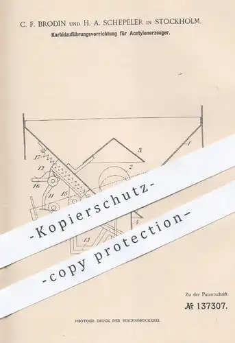 original Patent - C. F. Brodin , H. A. Schepeler , Stockholm , 1901 , Karbidzuführung bei Acetylenerzeuger | Acetylen !!