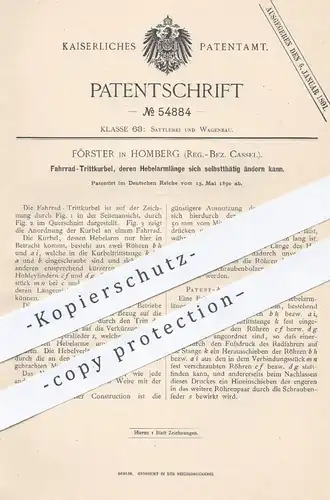 original Patent - Förster , Homberg , Kassel , 1890 , Fahrrad - Trittkurbel mit verändernder Hebelarmlänge | Fahrräder