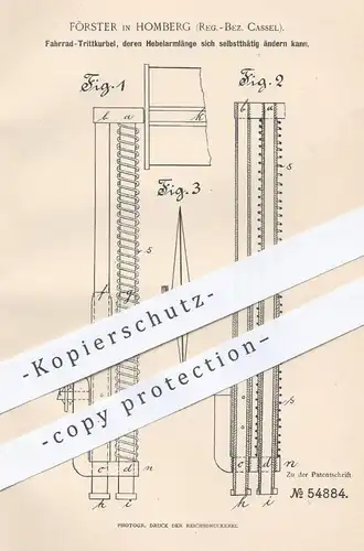 original Patent - Förster , Homberg , Kassel , 1890 , Fahrrad - Trittkurbel mit verändernder Hebelarmlänge | Fahrräder