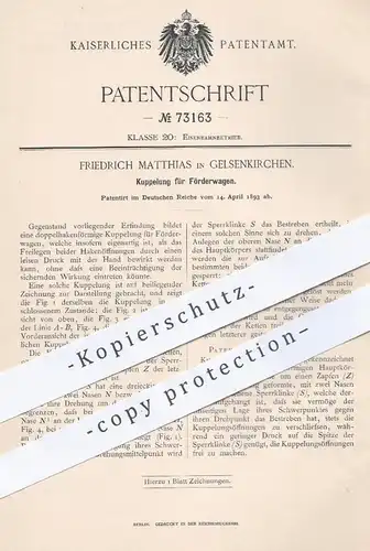 original Patent - Friedrich Matthias , Gelsenkirchen , 1893 , Kupplung für Förderwagen | Eisenbahn , Eisenbahnen , Wagon