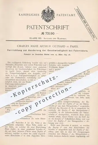 original Patent - Charles Marie Arthur Guinard , Paris 1893 , Geschwindigkeit - Steuerung am Fahrrad , Zweirad , Dreirad