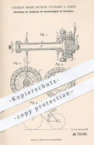 original Patent - Charles Marie Arthur Guinard , Paris 1893 , Geschwindigkeit - Steuerung am Fahrrad , Zweirad , Dreirad