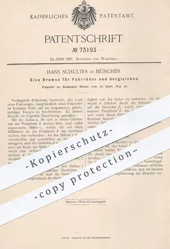 original Patent - Hans Schultes , München , 1893 , Fahrrad - Bremse | Bremsen , Fahrräder , Rad , Bremssteine !!