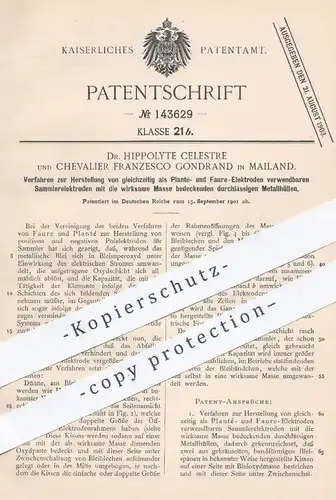 original Patent - Dr. Hippolyte Celestre , Chevalier Franzesco Gondrand , Mailand , 1901 , Elektrode | Planté , Faure