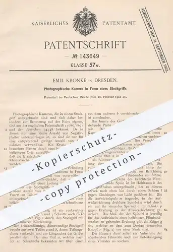 original Patent - Emil Kronke , Dresden , 1902 , Foto - Kamera im Stockgriff eingebaut | Fotograf , Fotografie , Stock