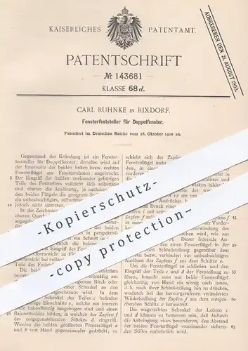 original Patent - Carl Ruhnke , Rixdorf , 1902 , Fensterfeststeller für Doppelfenster | Fenster , Fensterbauer , Tür !!