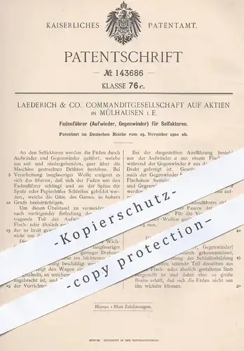 original Patent - Laederich & Co. KG auf Aktien , Mülhausen , Elsass , 1902 , Fadenführer , Aufwinder für Selfaktoren !