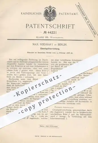 original Patent - Max Neidhart , Berlin , 1888 , Klosetspülvorrichtung | WC - Spülung | Toilette , Kloset , Klempner