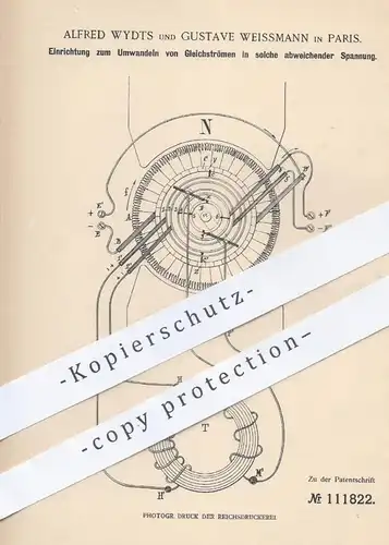 original Patent - Alfred Wydts , Gustave Weissmann , Paris , 1899 , Umwandeln der Gleichströme | Strom , Spannung !!!