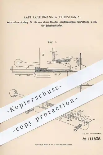 original Patent - Karl Uchermann , Christiania , 1899 , Vorschub für Selbstverkäufer | Automat , Fahrscheinautomat !!