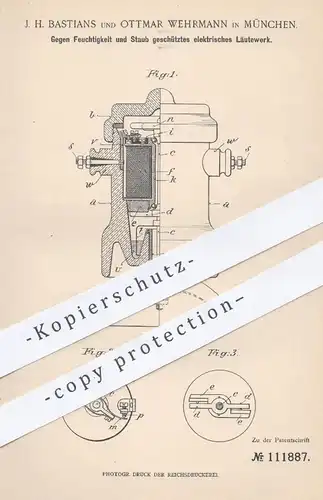 original Patent - J. H. Bastians u. Ottmar Wehrmann , München , 1899 , vor Witterung geschütztes Läutewerk | Klingel