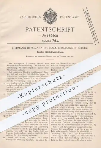 original Patent - Hermann u. Hans Bergmann , Berlin , 1902 , Taschen - Blitzlicht | Zündung , Brenner , Entzündung !!