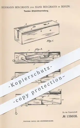 original Patent - Hermann u. Hans Bergmann , Berlin , 1902 , Taschen - Blitzlicht | Zündung , Brenner , Entzündung !!