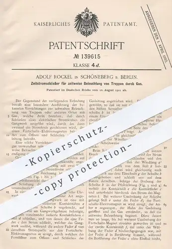 original Patent - Adolf Rockel , Berlin / Schöneberg , 1901 , Zeitstromschließer für Beleuchtung von Treppen durch Gas