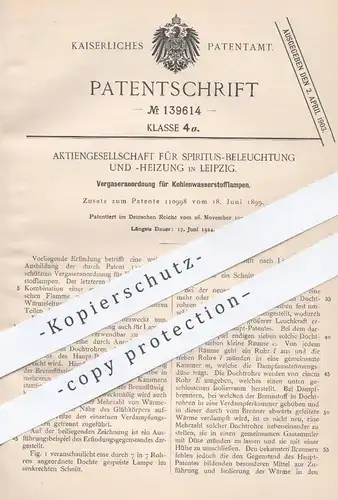 original Patent - AG für Spiritus - Beleuchtung u. - Heizung , Leipzig , 1901 , Vergaser für Kohlenwasserstofflampen