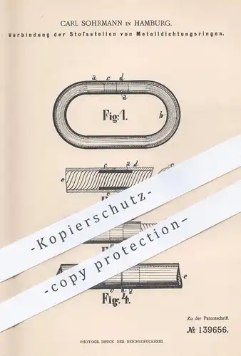 original Patent - Carl Sohrmann , Hamburg , 1902 , Verbindung der Stoßstellen der Metall - Dichtungsringe | Flantsch