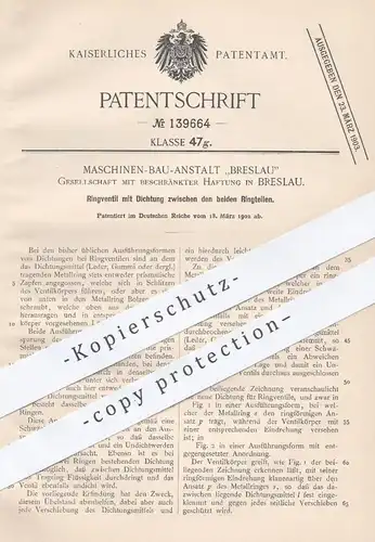 original Patent - Maschinen Bau Anstalt - Breslau GmbH , 1902 , Ringventil mit Dichtung | Ventil , Metall , Gummi !!