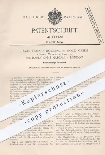 original Patent - James Francis Dowding , Wood Green , Middlesex | Harry Orme Mascall , London , Mehrspindelige Drehbank