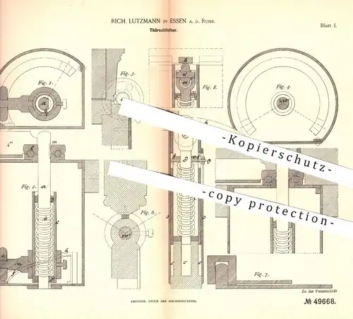original Patent - Rich. Lutzmann , Essen / Ruhr , 1888 , Türschliesser | Türschloss , Tür , Schloss , Schlosser !!!