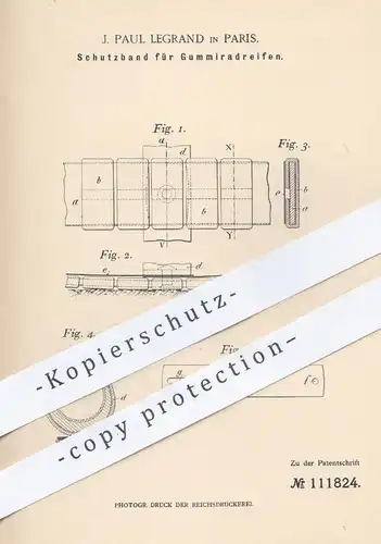 original Patent - J. Paul Legrand , Paris , 1899 , Schutzband für Gummireifen | Reifen , Radreifen , Rad , Räder , Gummi