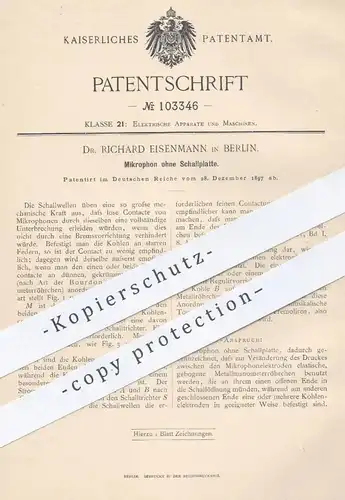 original Patent - Dr. Richard Eisenmann , Berlin , 1897 , Mikrophon ohne Schallplatte | Mikrofon , Schallwellen !!!