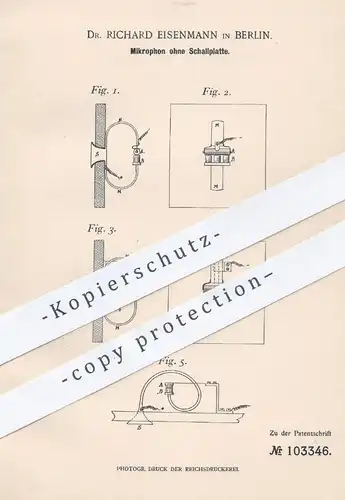 original Patent - Dr. Richard Eisenmann , Berlin , 1897 , Mikrophon ohne Schallplatte | Mikrofon , Schallwellen !!!