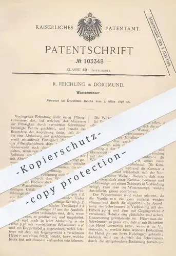 original Patent - R. Reichling , Dortmund , 1898 , Wassermesser | Flüssigkeitsmesser , Wasser - Druck , Ventil !!