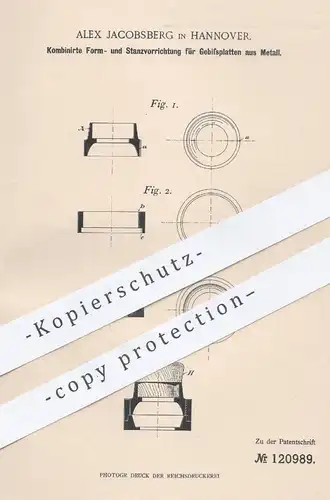 original Patent - Alex Jacobsberg , Hannover , 1899 , Formen u. Stanzen von Gebissplatten | Gebiss , Zähne , Zahnarzt
