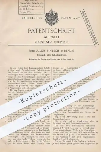 original Patent - Julius Pintsch , Berlin 1905 , Trommelsirene , Scheibensirene | Sirene , Alarm , Schallwellen , Schall