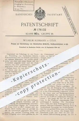 original Patent - Wilhelm Surmann , Köln , 1904 , Presse zur Herstellung v. Steinkohle - Brikett , Kalksandstein , Kohle